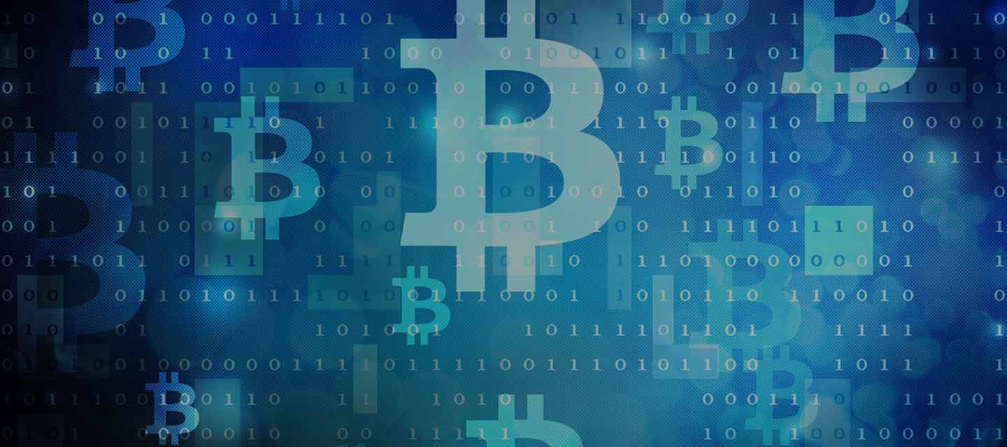Bitcoin logos behind binary matrix