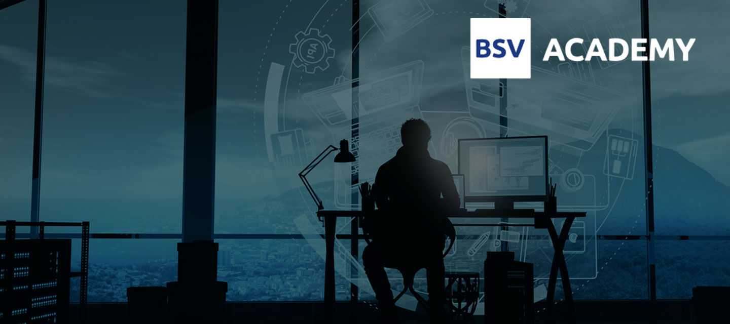 BSV Academy over silhoutte of a man seated in office